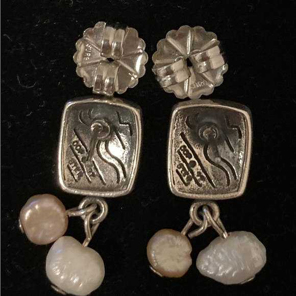 American Southwest Style Silver Pierced Earrings with Pearls - Picture 3 of 4